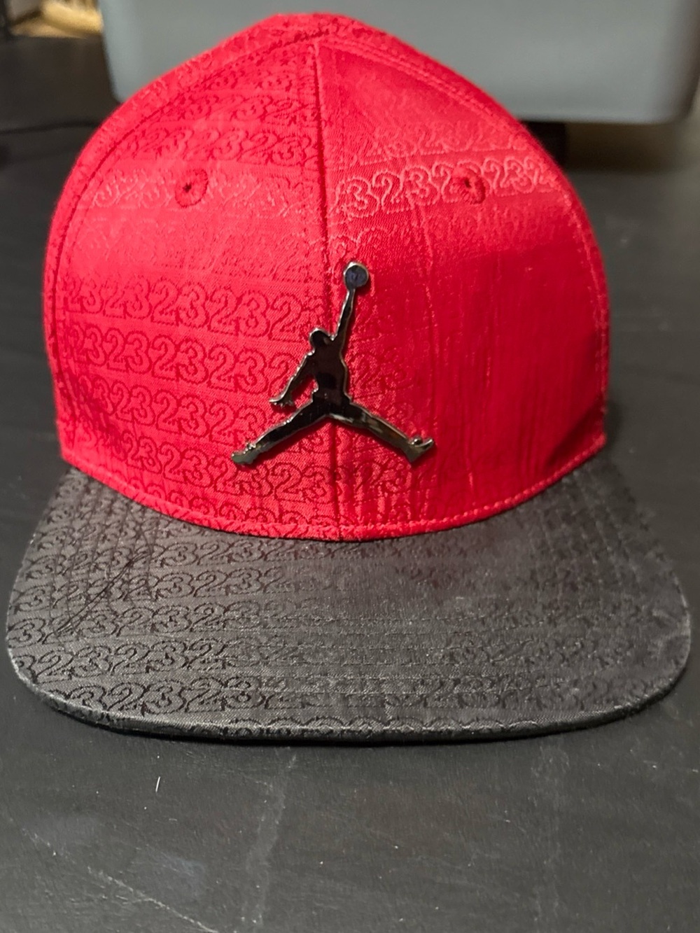 Jordan Red Crown with Black Brim Snapback Cap